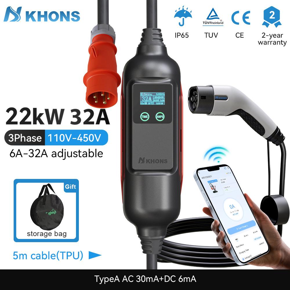 Khons Portable EV Charger Type - đánh giá và giá Ev Charger Type 2 22Kw 32A 3 Phase