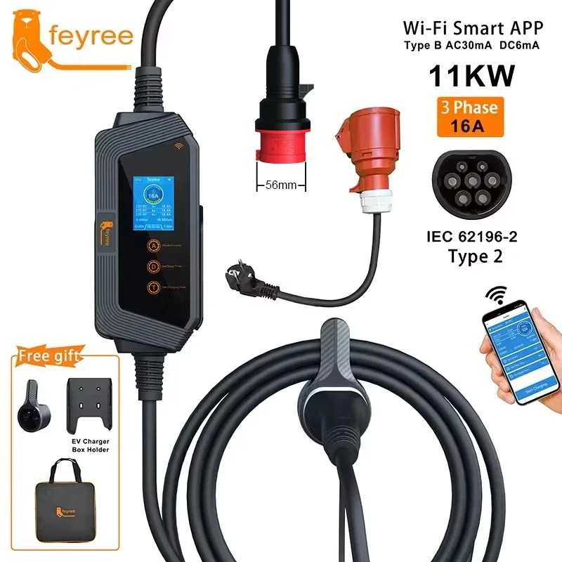 feyree 11KW 16A 3Phase Type2 P - đánh giá và giá Type 2 Portable Ev Charger 11Kw Cee