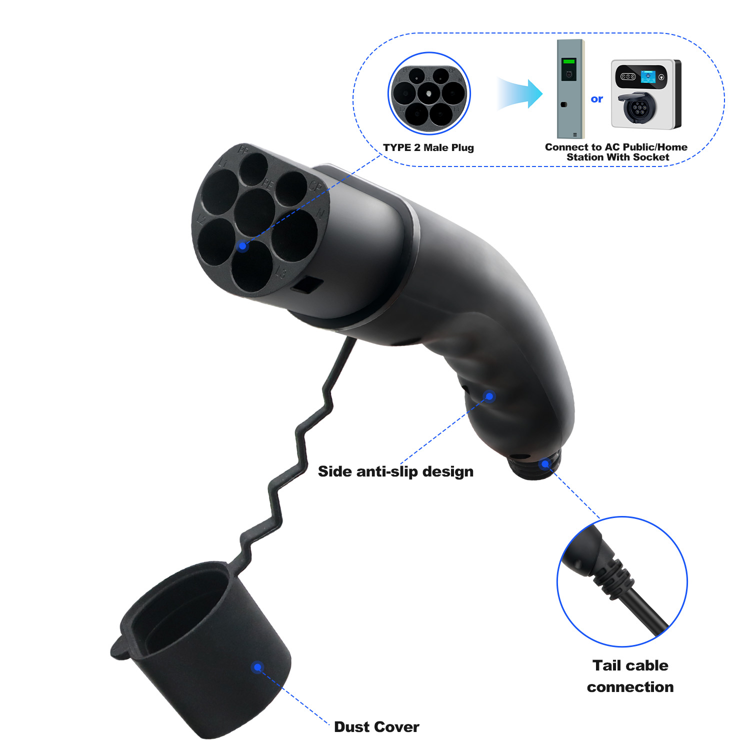 Kolanky Type 2 Male EV Plug 1P - đánh giá và giá Ev Charger Type 2 22Kw 32A 3 Phase